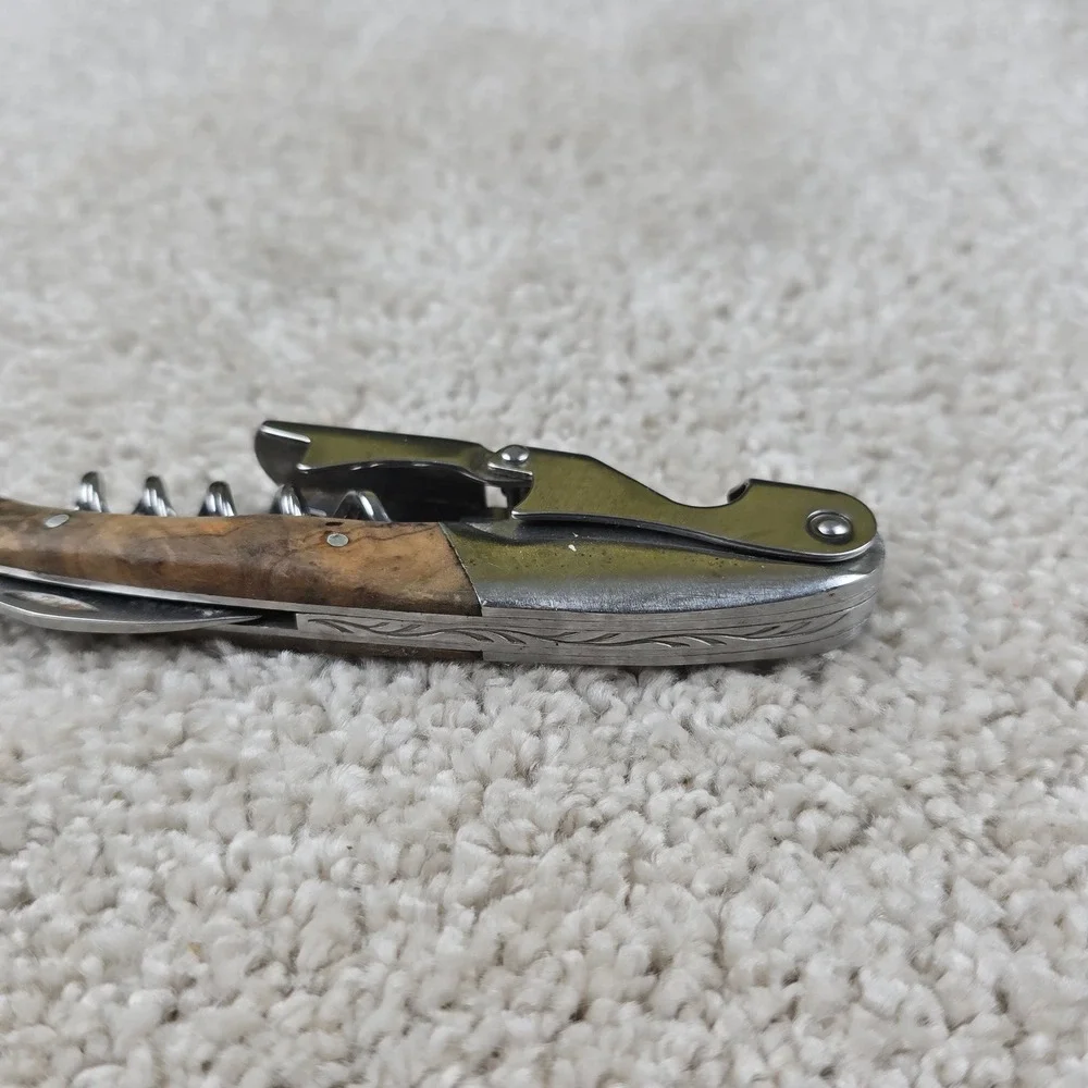 Premium‎ Waiter Corkscrew Silver Wood Handle Engraved Double Hinge Wine Opener